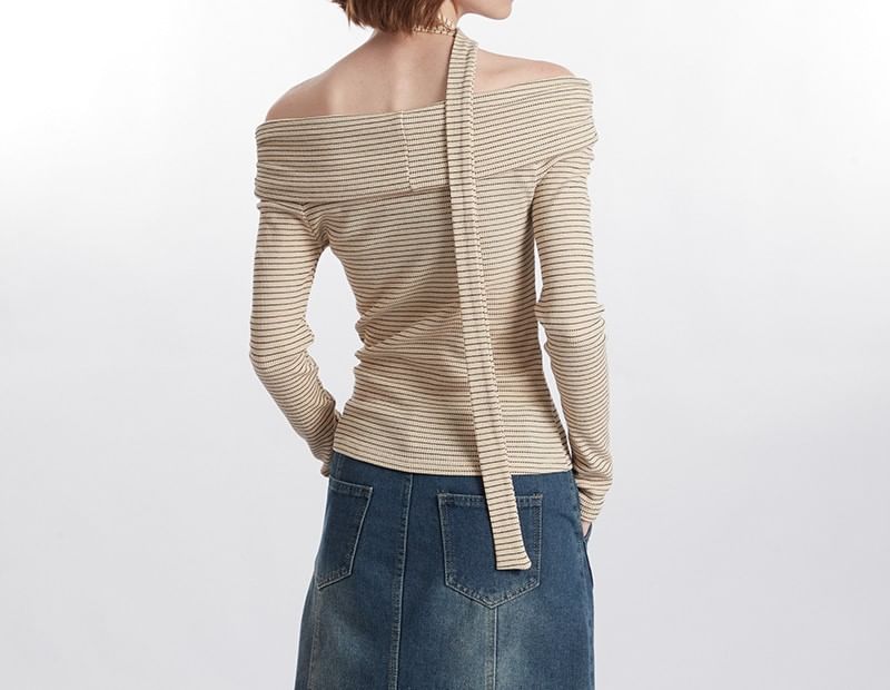 Striped Off-Shoulder Tee & Tie Set with Long Sleeves