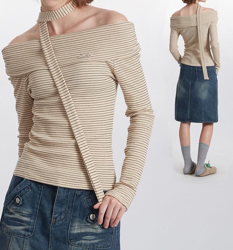 Striped Off-Shoulder Tee & Tie Set with Long Sleeves