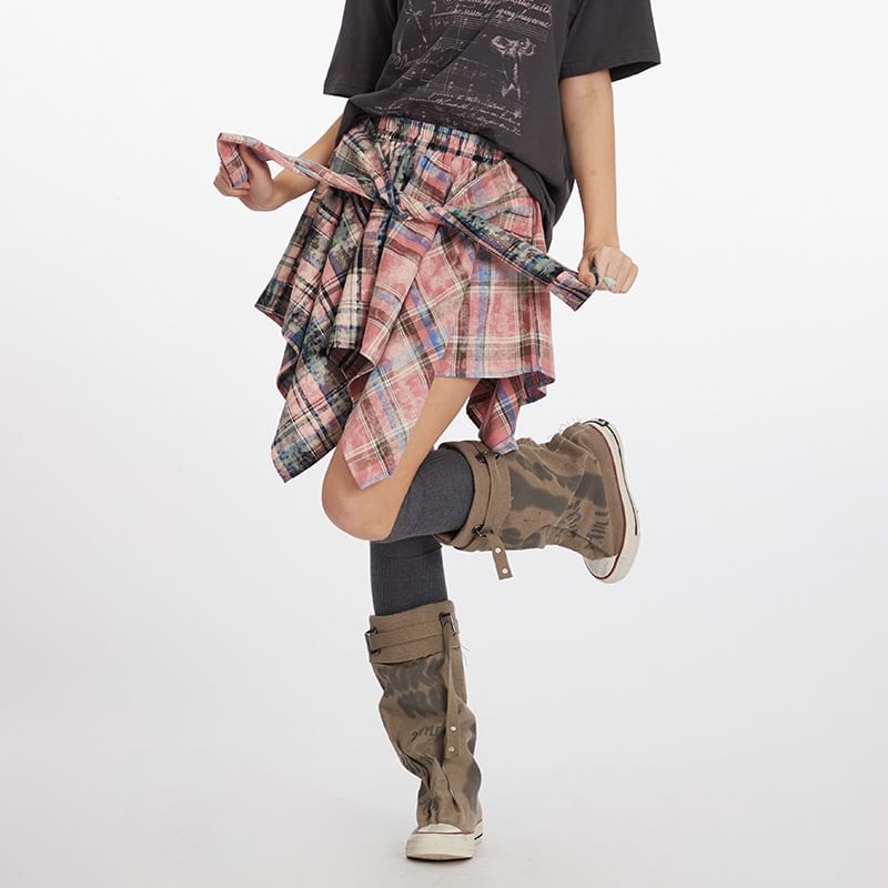 Asymmetrical Plaid Mini A-Line Skirt with Mid Rise