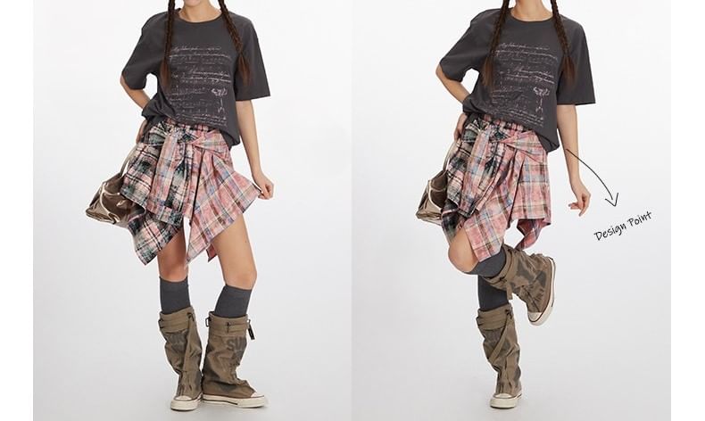 Asymmetrical Plaid Mini A-Line Skirt with Mid Rise