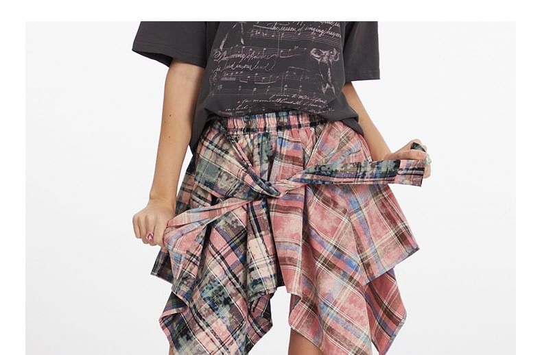 Asymmetrical Plaid Mini A-Line Skirt with Mid Rise
