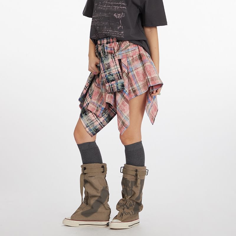 Asymmetrical Plaid Mini A-Line Skirt with Mid Rise