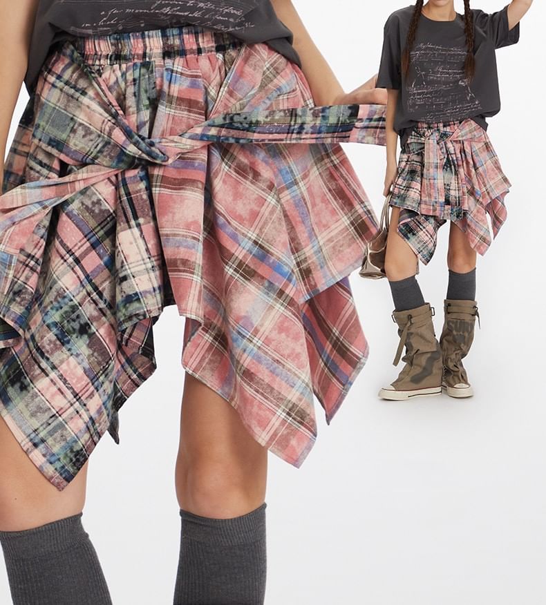 Asymmetrical Plaid Mini A-Line Skirt with Mid Rise