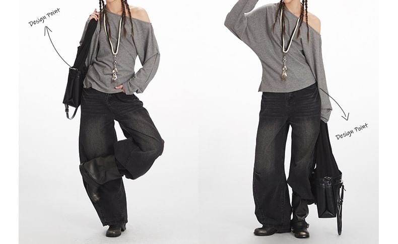 One Shoulder Plain Asymmetrical Long Sleeve Tee Shirt