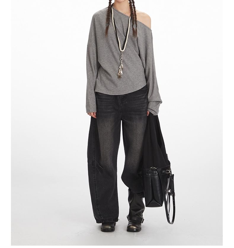One Shoulder Plain Asymmetrical Long Sleeve Tee Shirt