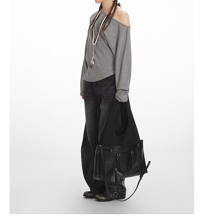 One Shoulder Plain Asymmetrical Long Sleeve Tee Shirt