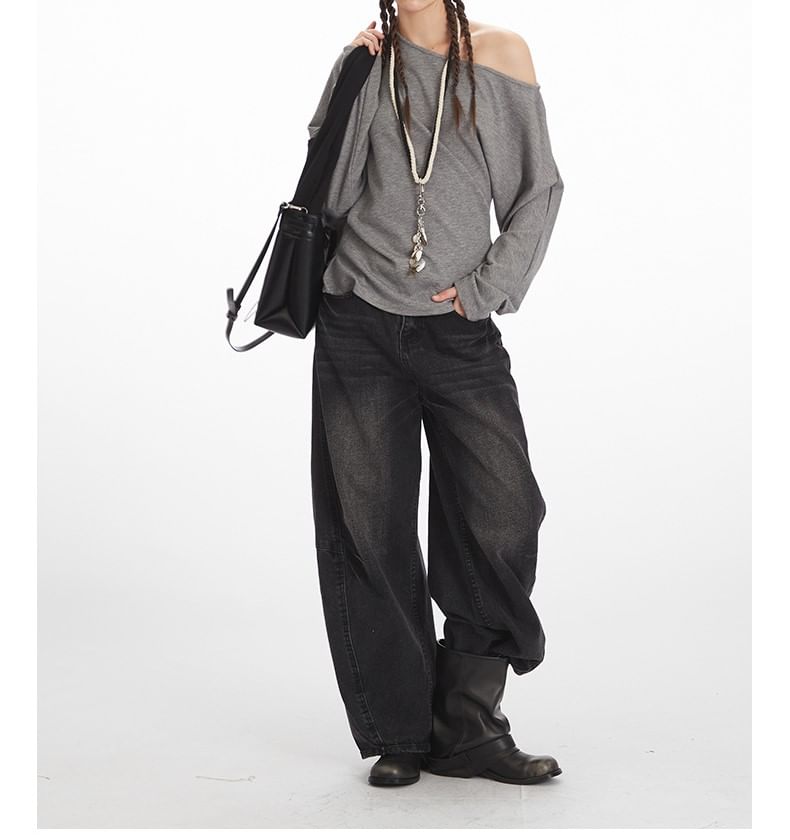 One Shoulder Plain Asymmetrical Long Sleeve Tee Shirt