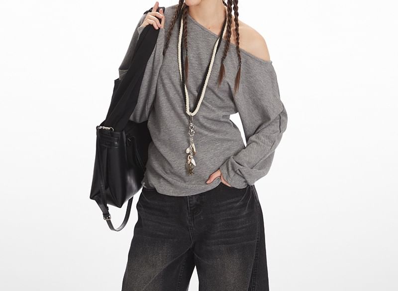 One Shoulder Plain Asymmetrical Long Sleeve Tee Shirt