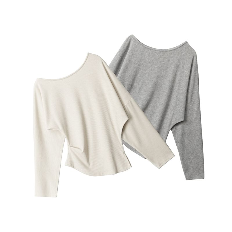 One Shoulder Plain Asymmetrical Long Sleeve Tee Shirt