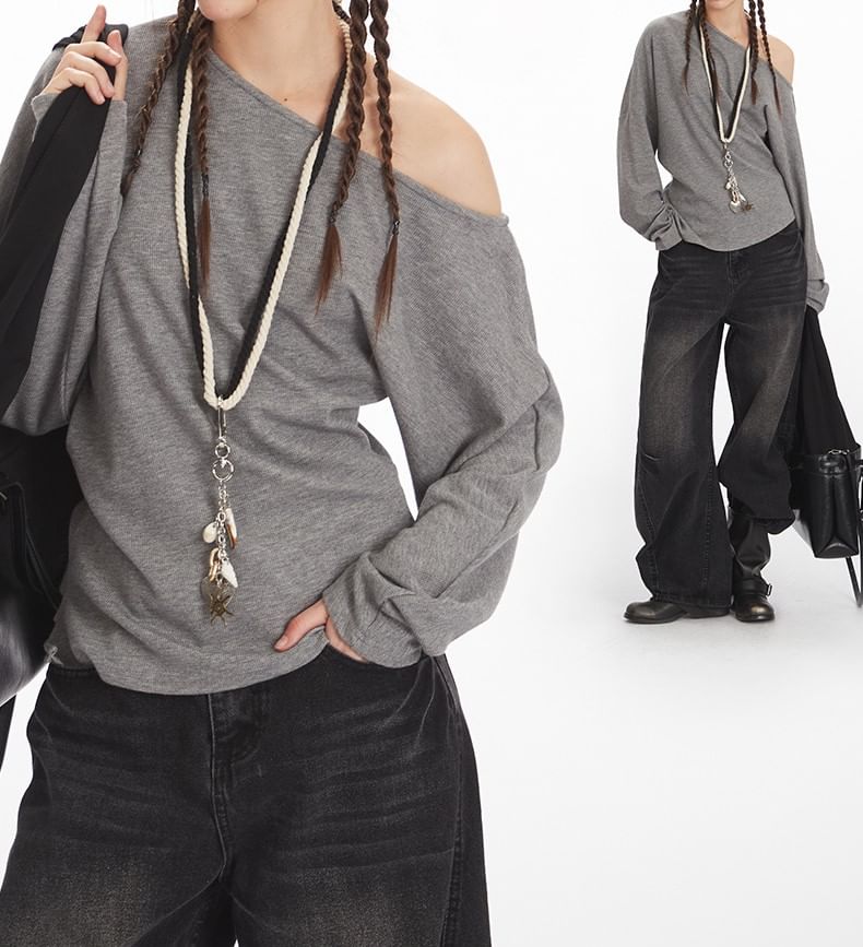 One Shoulder Plain Asymmetrical Long Sleeve Tee Shirt