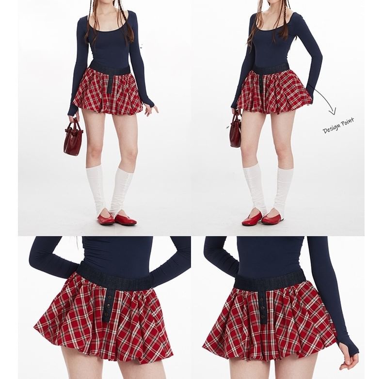 Plaid A-Line Mini Skirt with High Waist