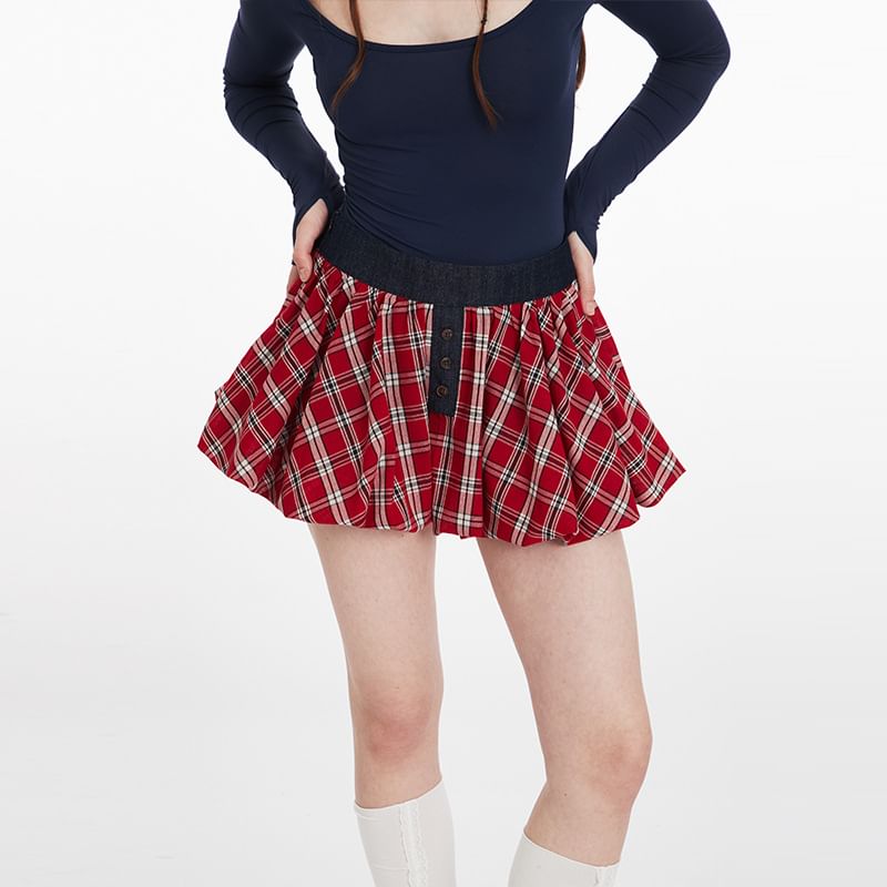 Plaid A-Line Mini Skirt with High Waist