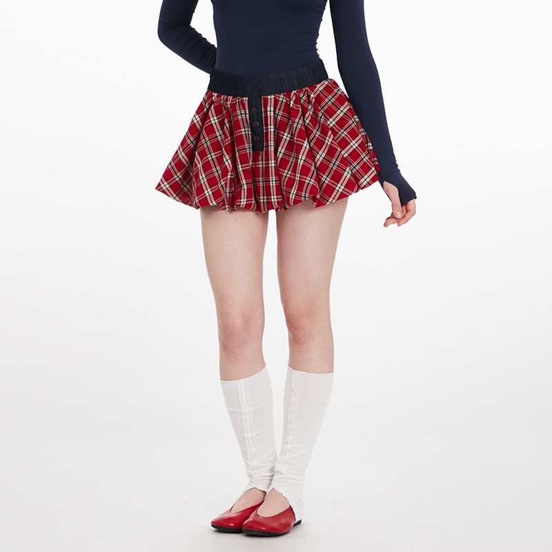 Plaid A-Line Mini Skirt with High Waist
