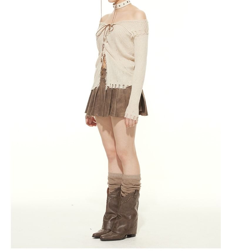Distressed Lace Up Front Slit Plain Knit Sweater