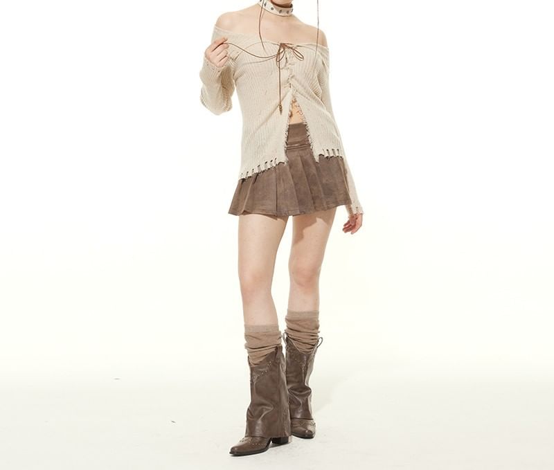 Distressed Lace Up Front Slit Plain Knit Sweater
