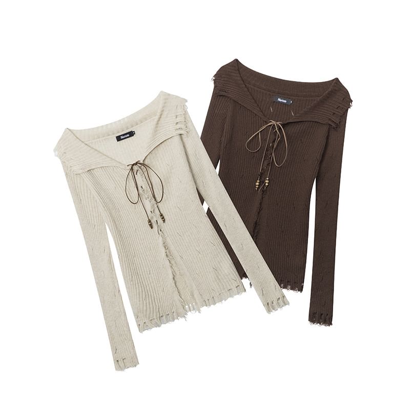 Distressed Lace Up Front Slit Plain Knit Sweater