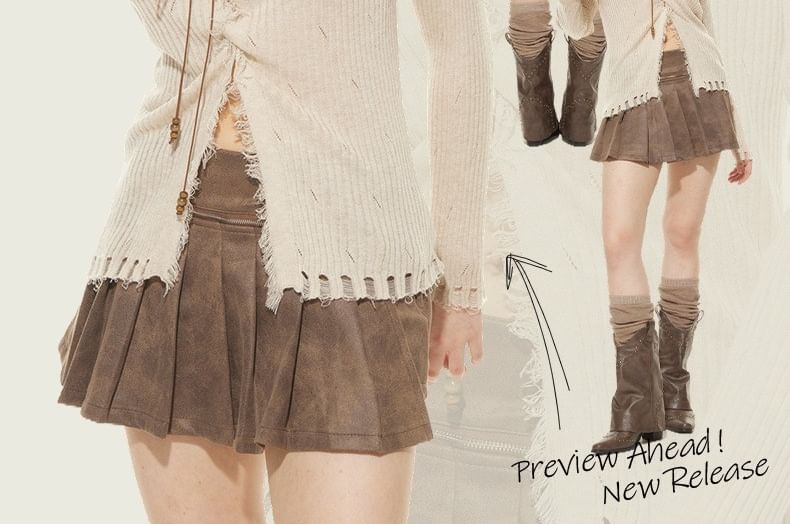 Distressed Lace Up Front Slit Plain Knit Sweater