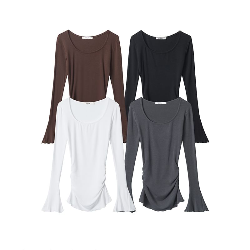 Flared Sleeve Scoop Neck Plain Tee Shirt