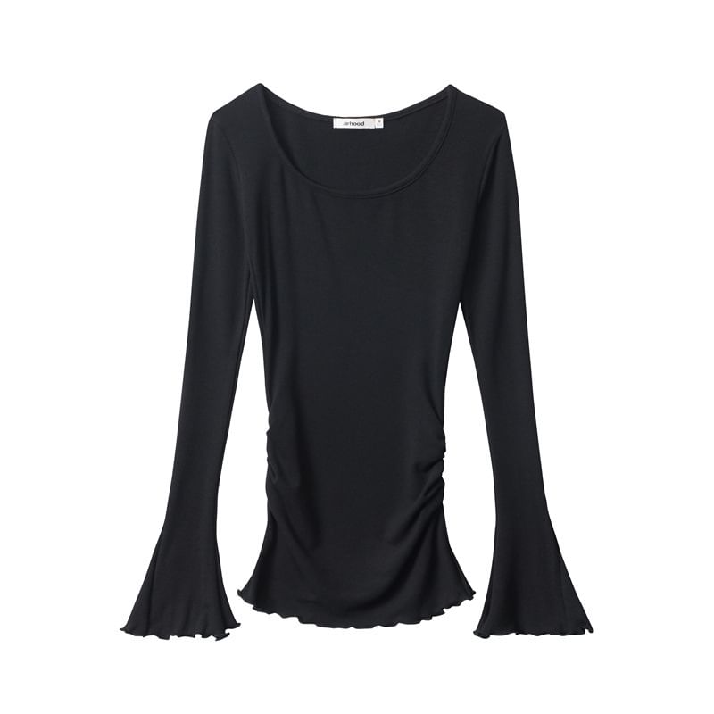 Flared Sleeve Scoop Neck Plain Tee Shirt