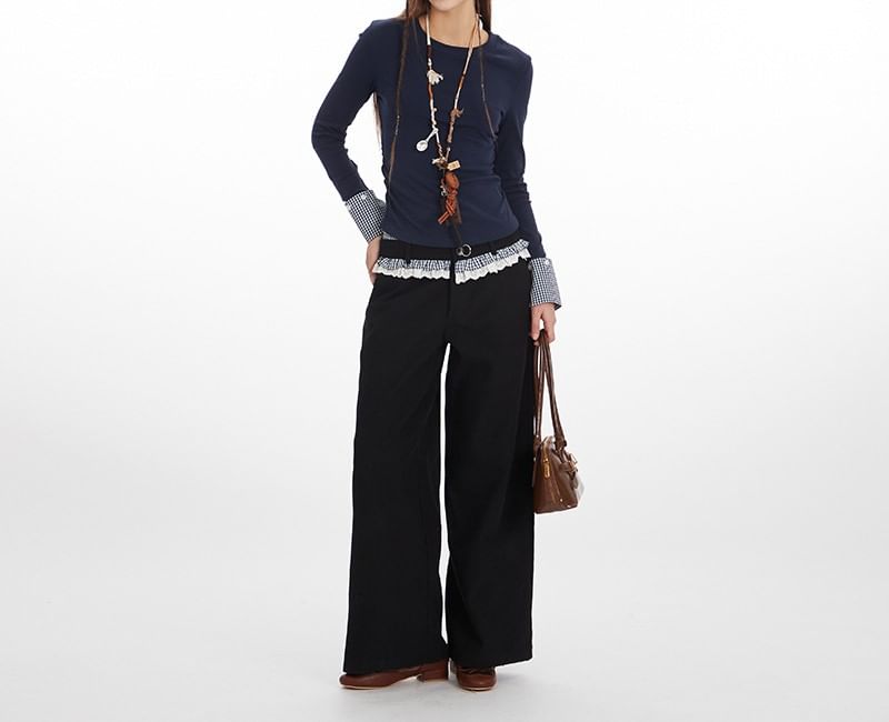 Crew Neck Plain Plaid Panel Long Sleeve Tee Shirt