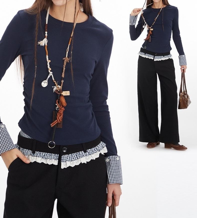 Crew Neck Plain Plaid Panel Long Sleeve Tee Shirt