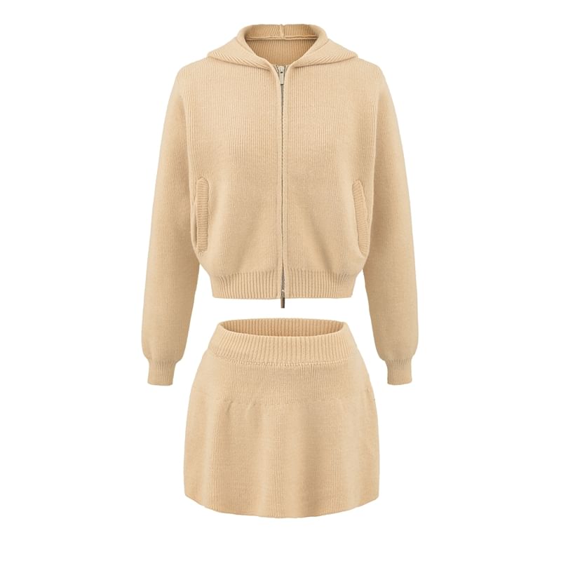 Zip-Up Crop Knit Hoodie & Mini A-Line Skirt Set