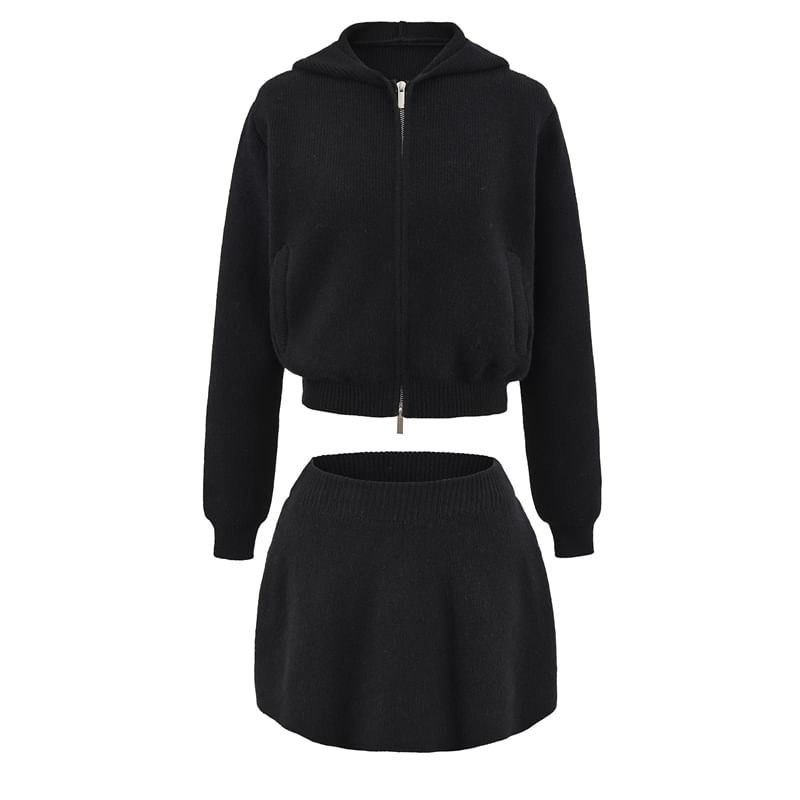 Zip-Up Crop Knit Hoodie & Mini A-Line Skirt Set