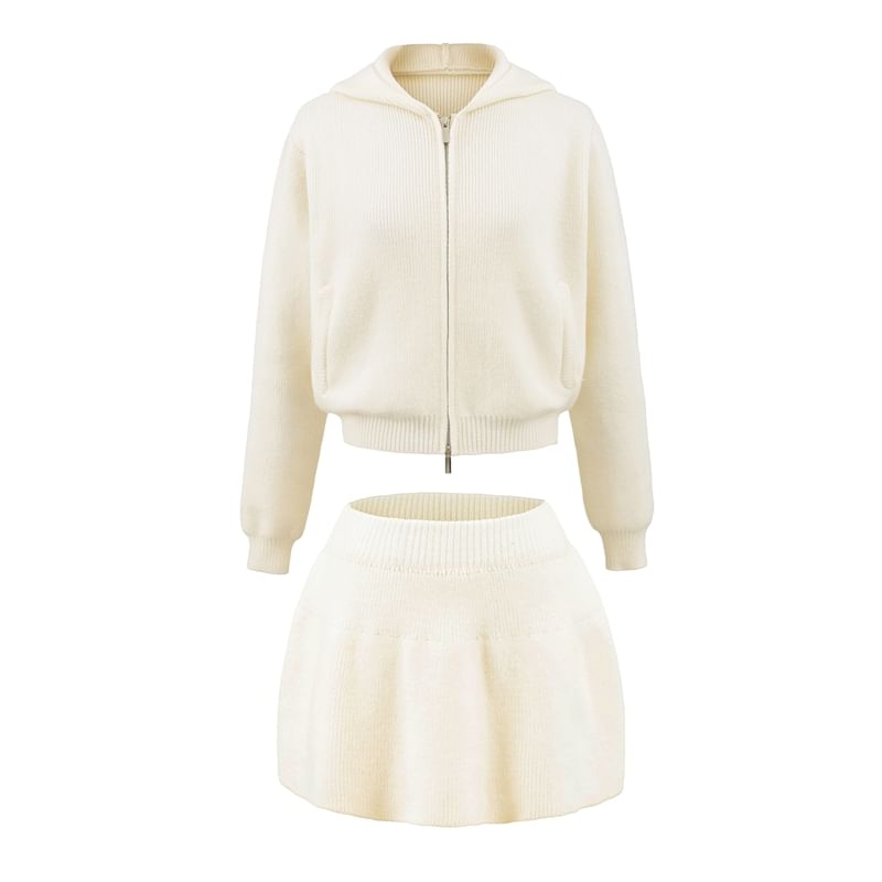 Zip-Up Crop Knit Hoodie & Mini A-Line Skirt Set