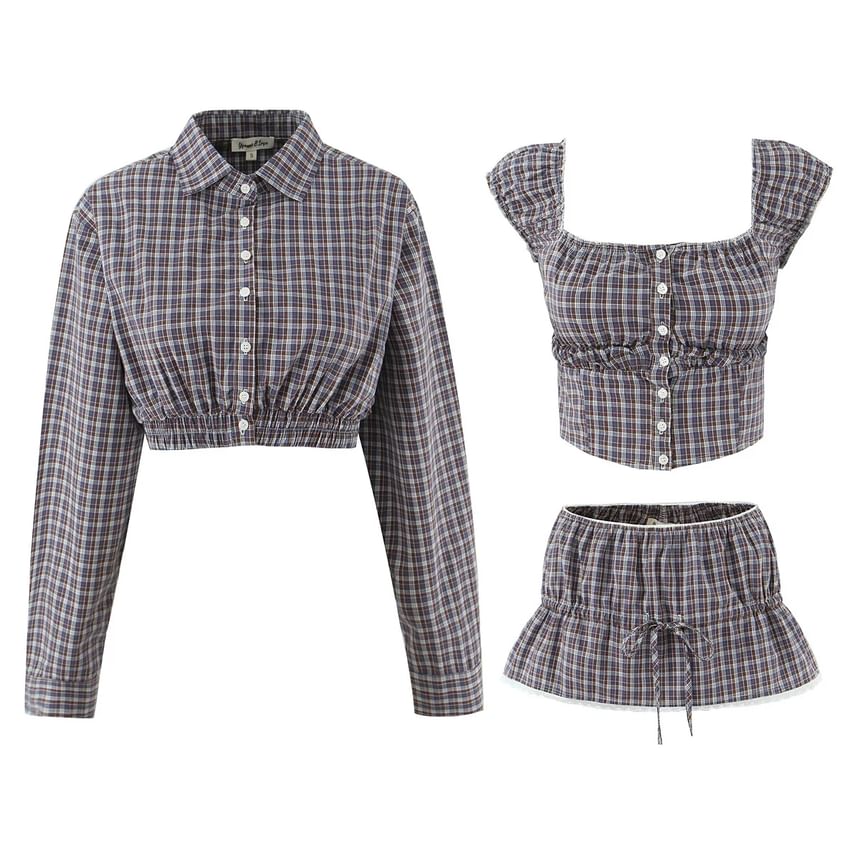 Plaid Long-Sleeve Crop Shirt