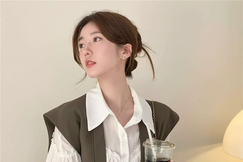 Long Sleeve Plain Frill Trim Shirt / Shawl Lapel Tie Front Vest