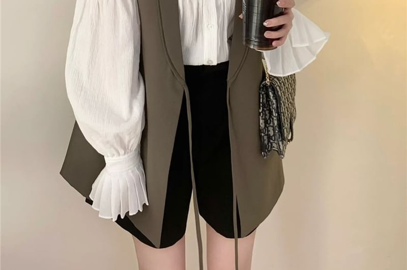 Long Sleeve Plain Frill Trim Shirt / Shawl Lapel Tie Front Vest