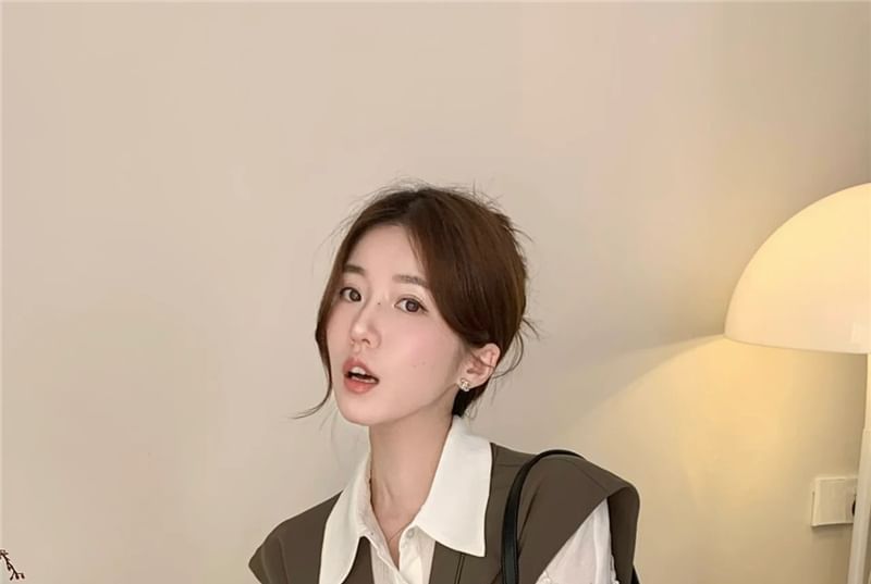 Long Sleeve Plain Frill Trim Shirt / Shawl Lapel Tie Front Vest