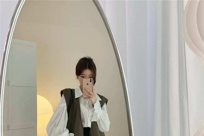 Long Sleeve Plain Frill Trim Shirt / Shawl Lapel Tie Front Vest