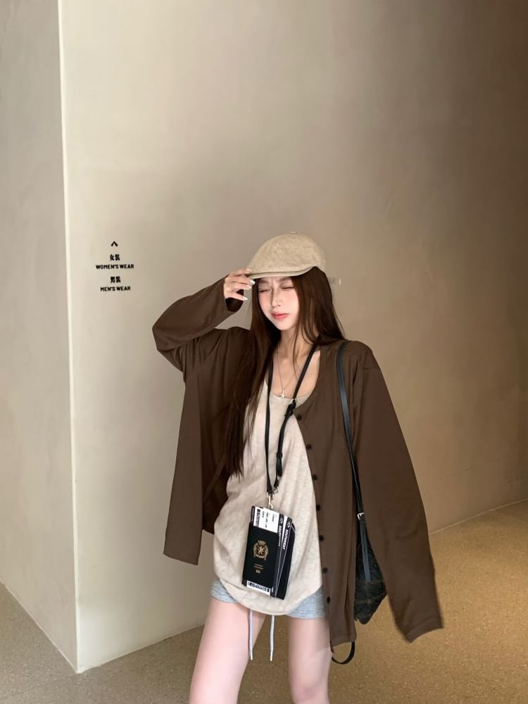 Round Neck Plain Cardigan / Scoop Neck Tank Top