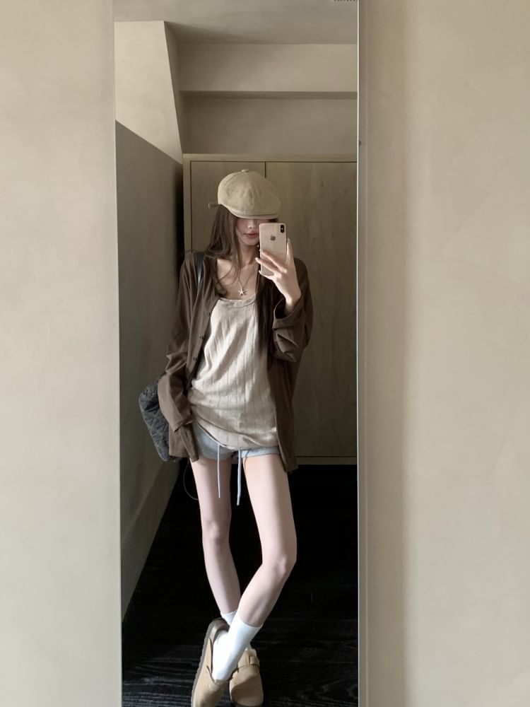 Round Neck Plain Cardigan / Scoop Neck Tank Top