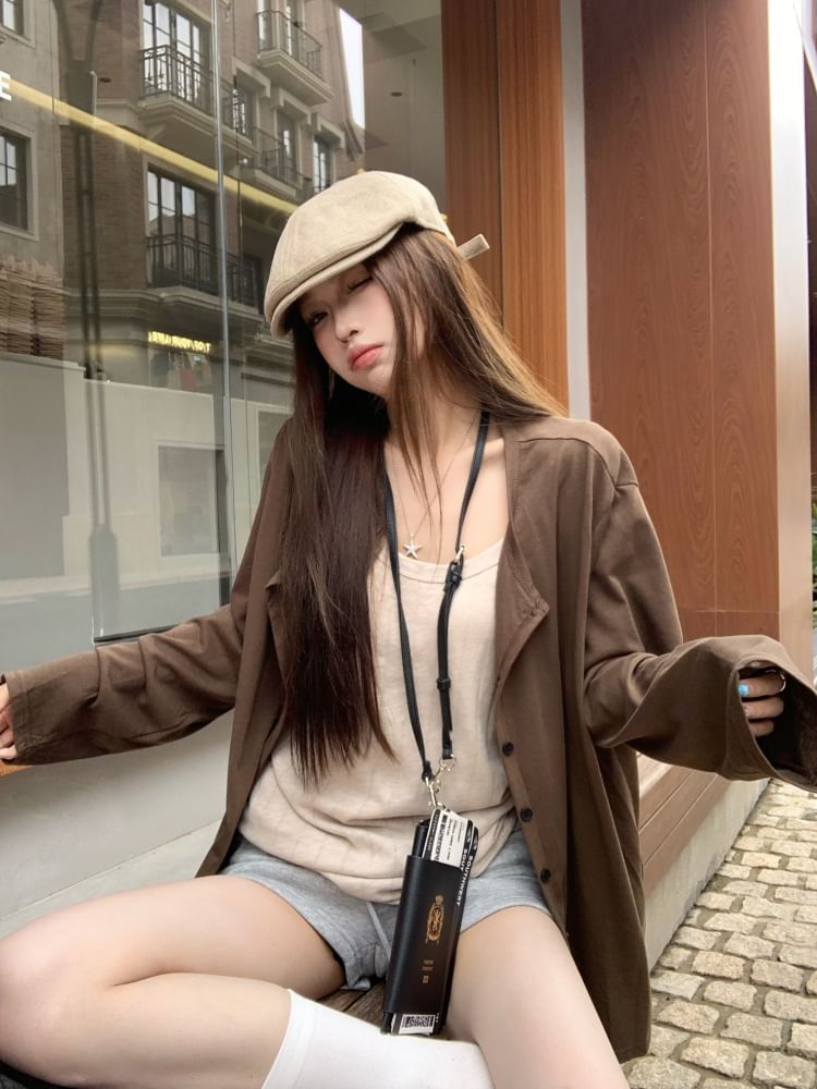 Round Neck Plain Cardigan / Scoop Neck Tank Top