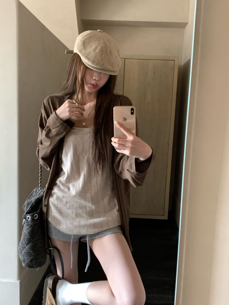 Round Neck Plain Cardigan / Scoop Neck Tank Top