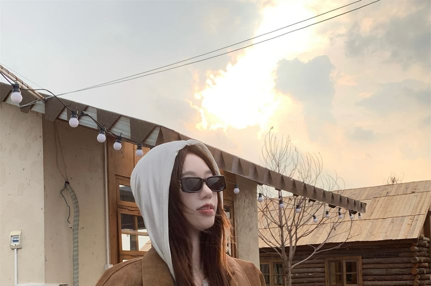 Collar Plain Faux Suede Zip Jacket / Long Sleeve Drawstring Hooded Tee