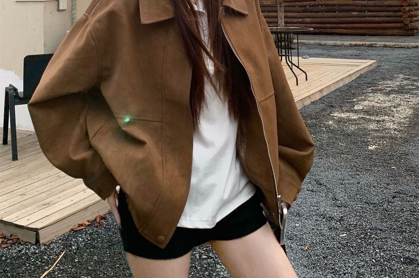 Collar Plain Faux Suede Zip Jacket / Long Sleeve Drawstring Hooded Tee