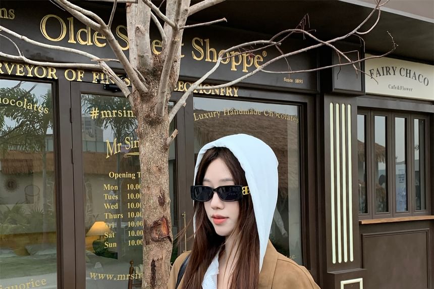 Collar Plain Faux Suede Zip Jacket / Long Sleeve Drawstring Hooded Tee