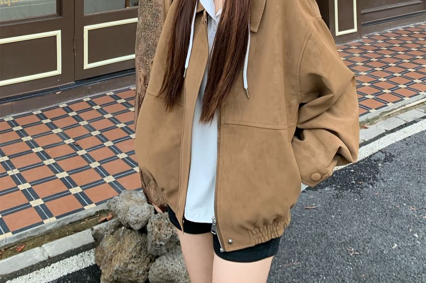 Collar Plain Faux Suede Zip Jacket / Long Sleeve Drawstring Hooded Tee