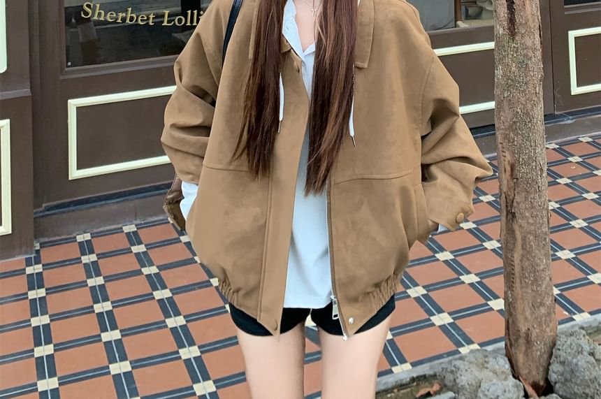 Collar Plain Faux Suede Zip Jacket / Long Sleeve Drawstring Hooded Tee