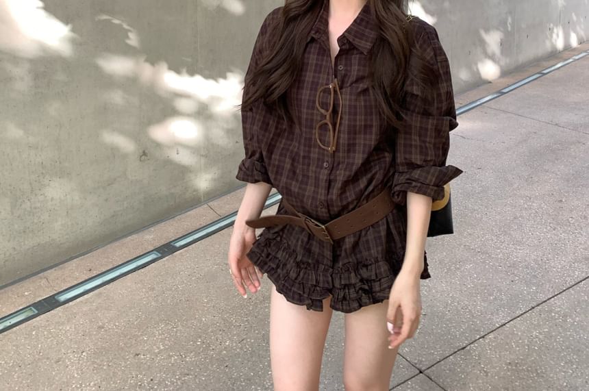 Plaid Ruffle Trim Oversized Long Sleeve Shirt