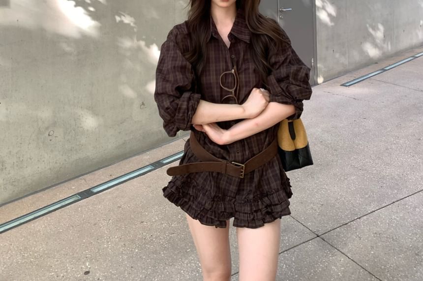Plaid Ruffle Trim Oversized Long Sleeve Shirt
