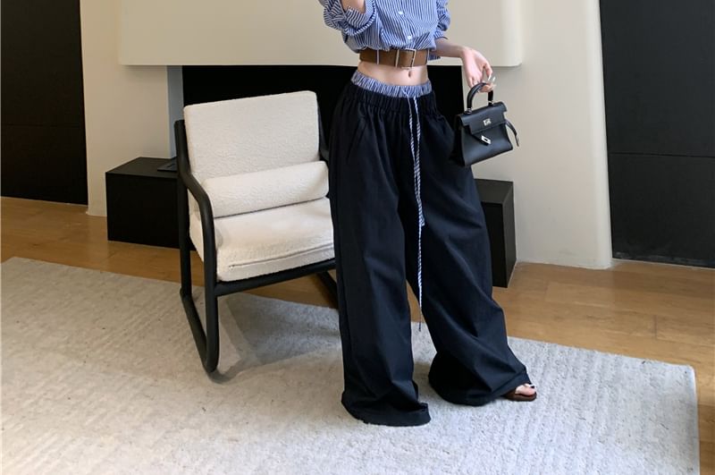 Set: Long Sleeve Striped Shirt + Drawstring Waist Wide Leg Pants + Belt