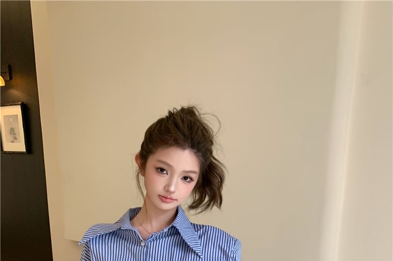 Set: Long Sleeve Striped Shirt + Drawstring Waist Wide Leg Pants + Belt