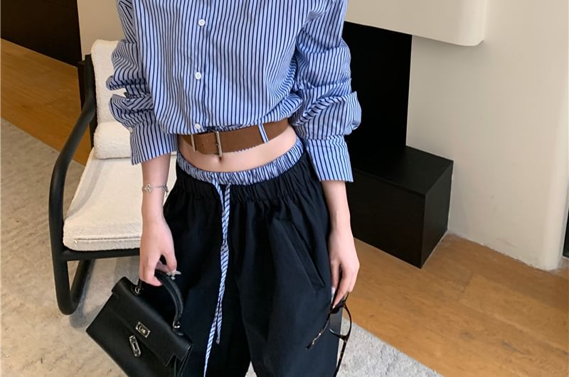Set: Long Sleeve Striped Shirt + Drawstring Waist Wide Leg Pants + Belt