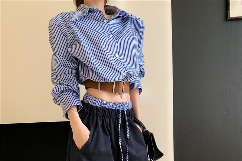 Set: Long Sleeve Striped Shirt + Drawstring Waist Wide Leg Pants + Belt