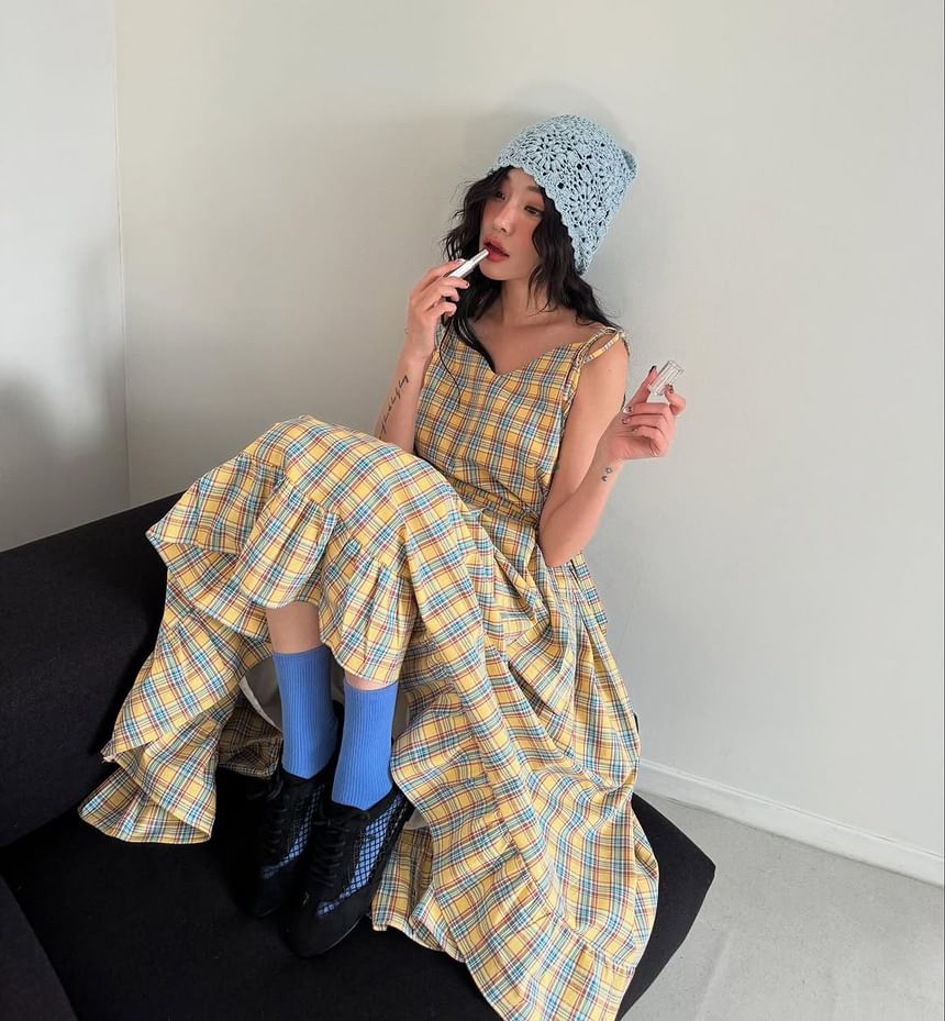 Tie Shoulder V-Neck Plaid Ruffle Midi A-Line Dress