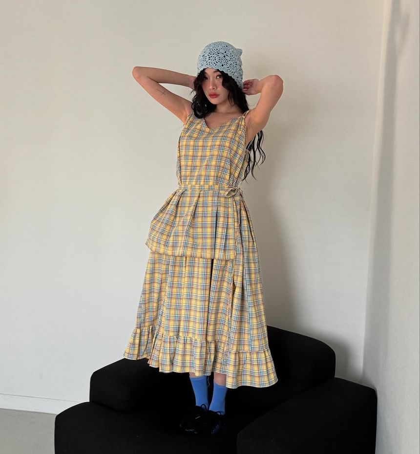 Tie Shoulder V-Neck Plaid Ruffle Midi A-Line Dress